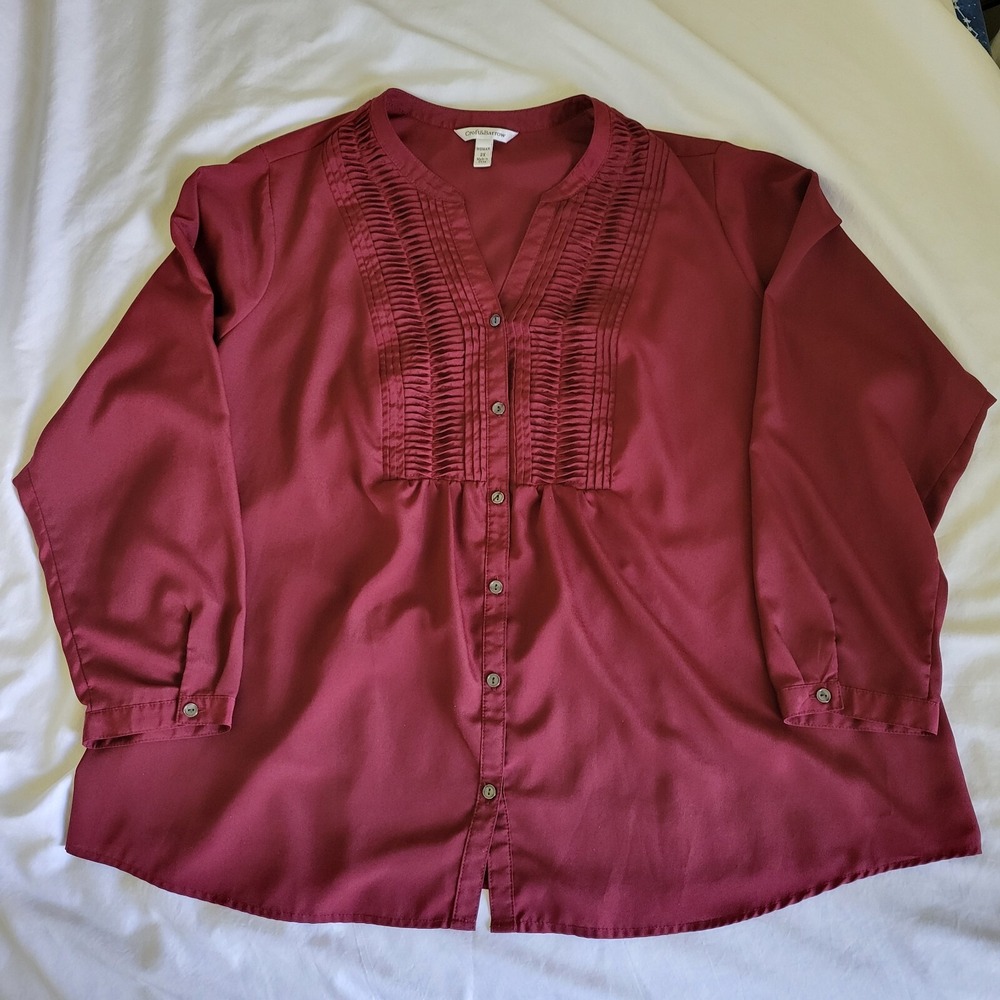 Croft & Barrow 2X Blouse Pintuck Pleated Longsleeve Button Up Burgundy Tie Back
